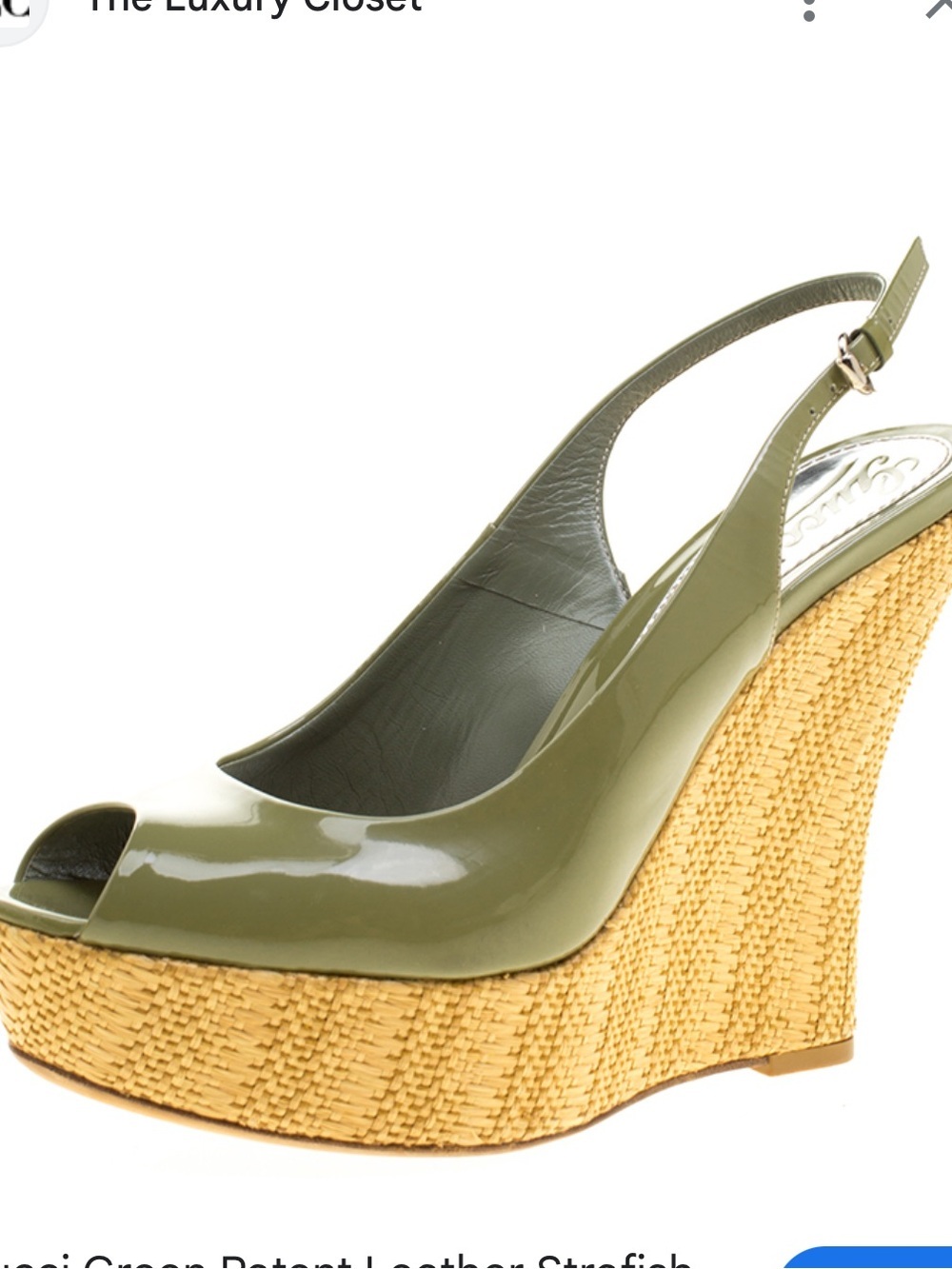 Gucci Olive Patent Leather Raffia Wedge Slingback